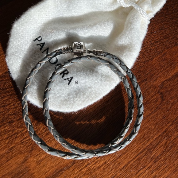 Pandora Gray Leather Braided Double-Wrap Bracelet - Picture 1 of 11